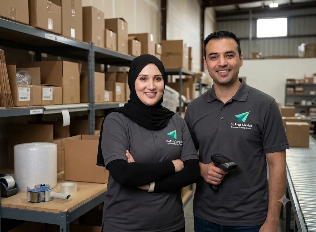 Go Prep Service family team in branded uniforms at our Houston FBA prep warehouse